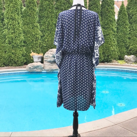 Blue & White Tunic Swim Cover-up with Tie waist - Picture 5 of 5